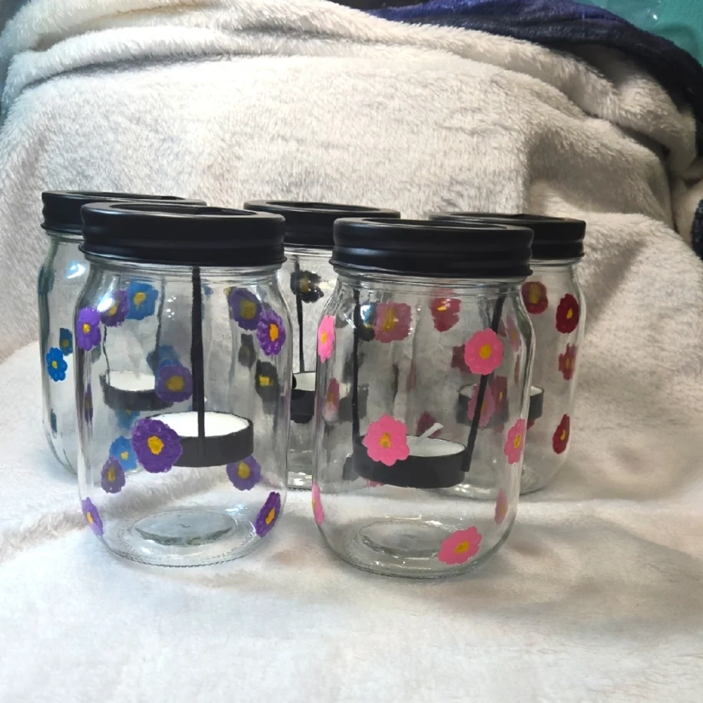Hand Crafted Floral Painted Glass Jars with Black Lids Candle Holder